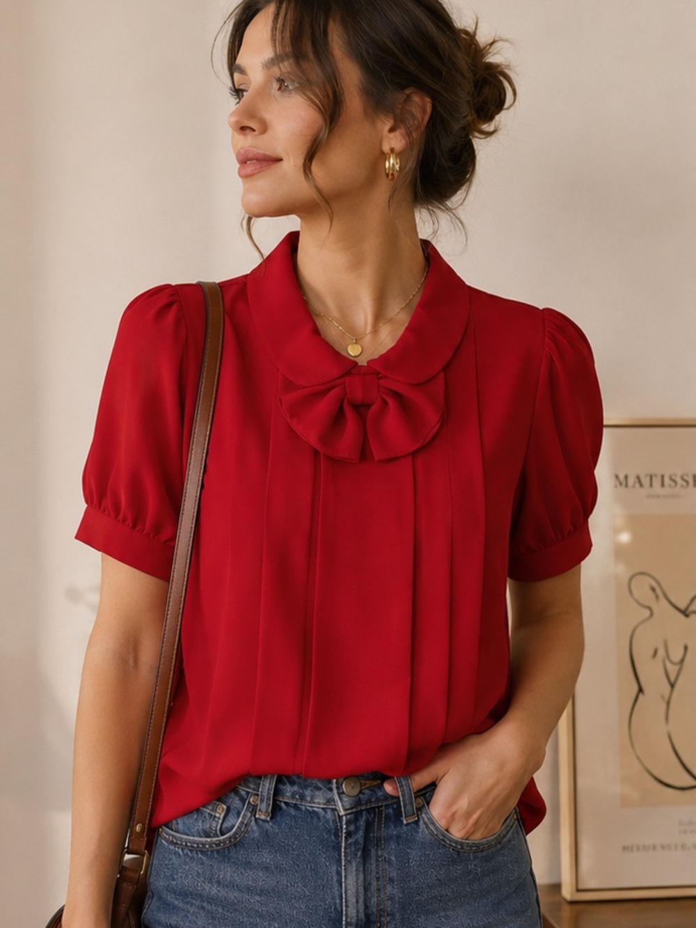 Bow Peter Pan collar sheer Red womens Top Sz 14 bow neck vintage  **2 for 20*